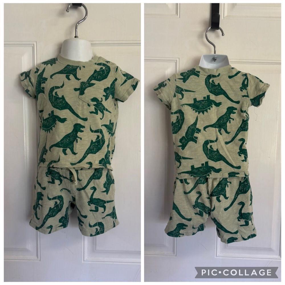 12M Stitch and Stone Green dinosaur printed short sleeve short set.  In EUC!